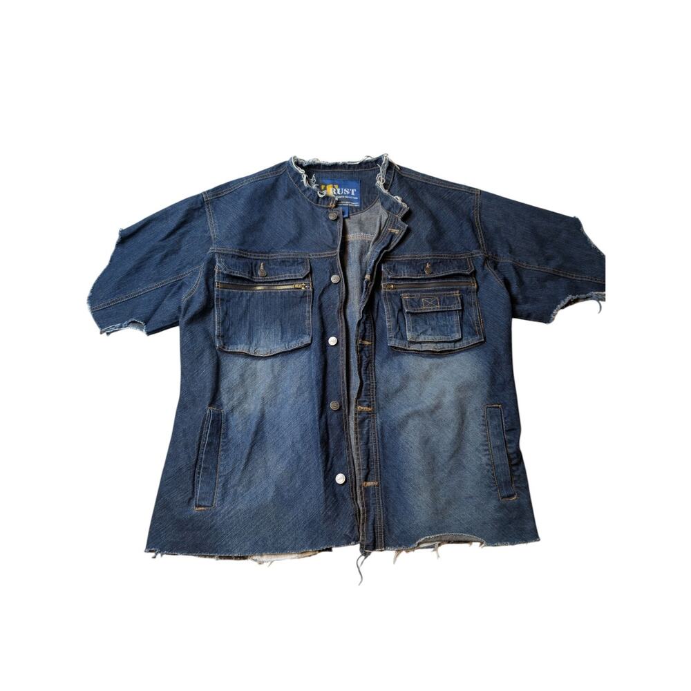 VTG Y2K Trust Sport Collection Denim Jacket L Raw Hem Cargo Pockets Cut Off